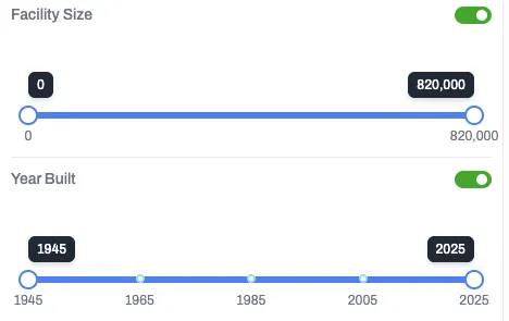 Facility Size and Year Built Filter